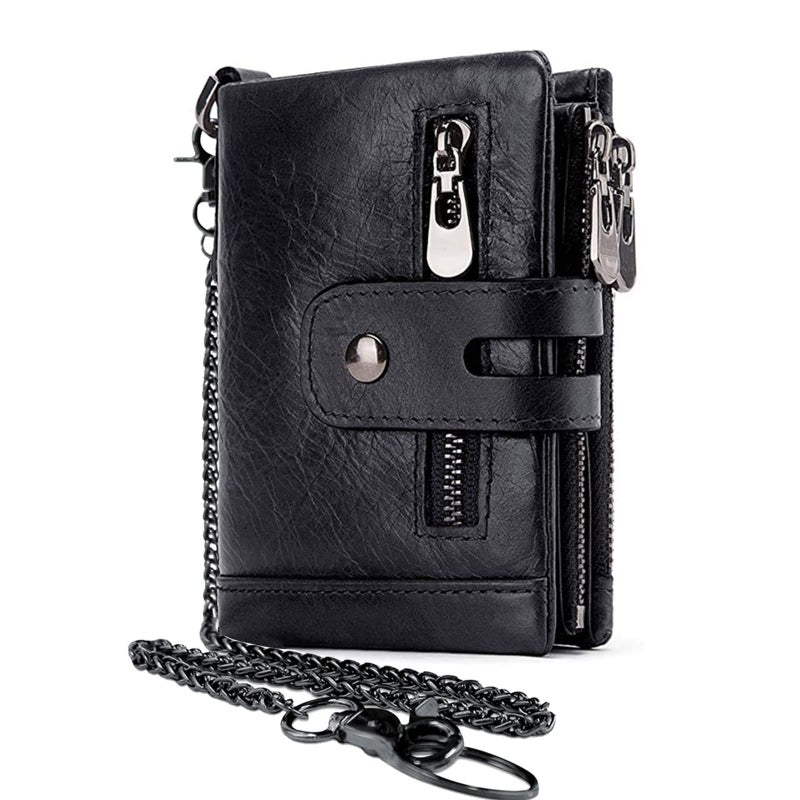boshiho Real Leather RFID Blocking Bifold Wallets for Men Double Zipper Coin Pocket Purse with Anti-Theft Chain (Black-2) - Image 1